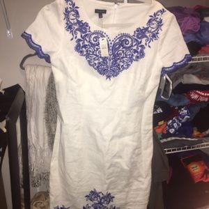 White w/ Blue Embroidered Moroccan/Bohemian Dress